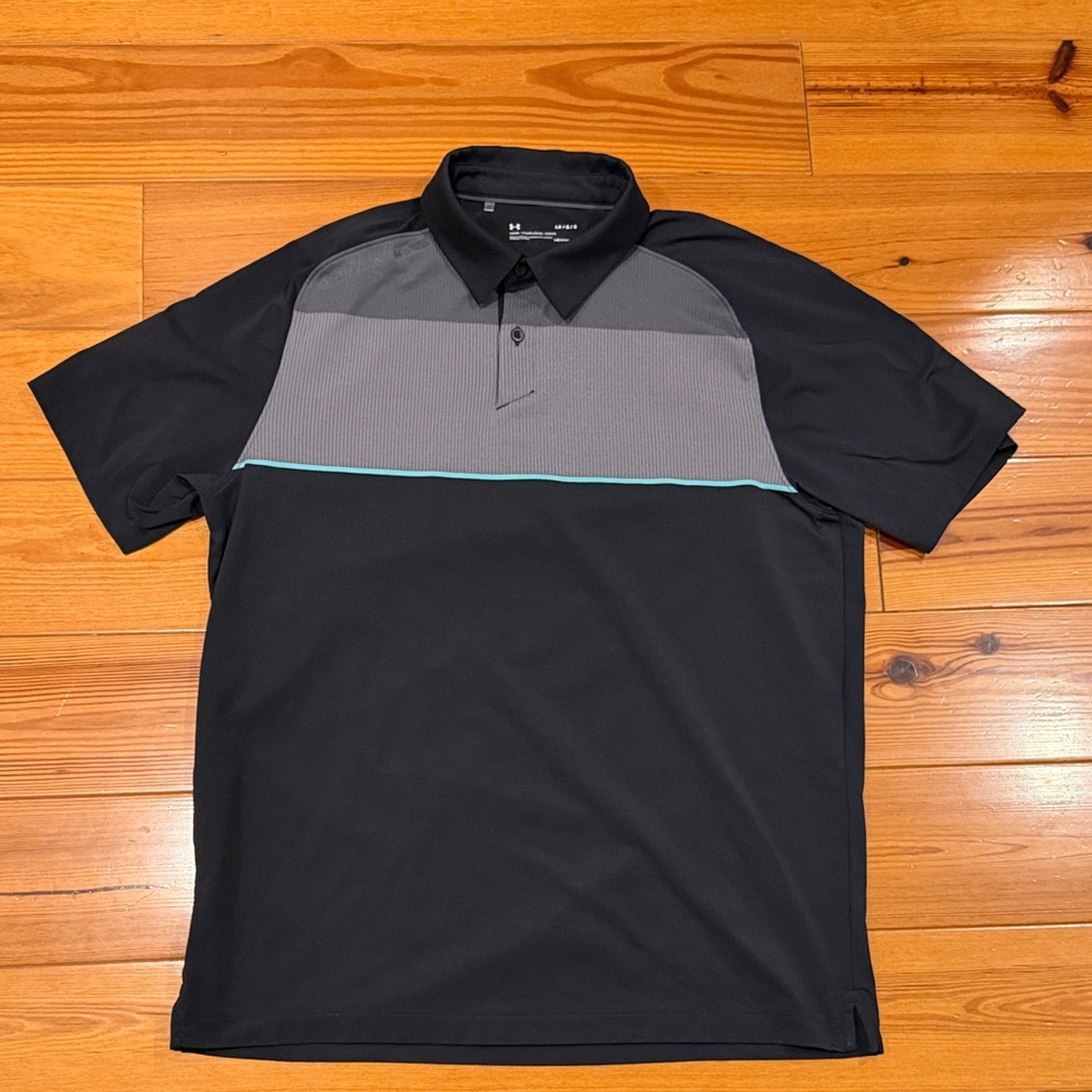 Under Armour Men's Black Polo with Gray Chest Panel and Aqua Stripe